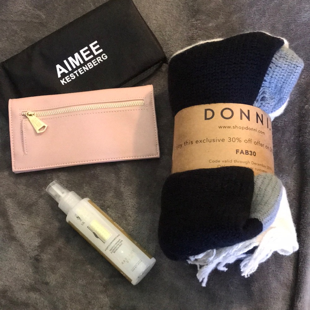 Blush wallet, Donni scarf, &Face mist